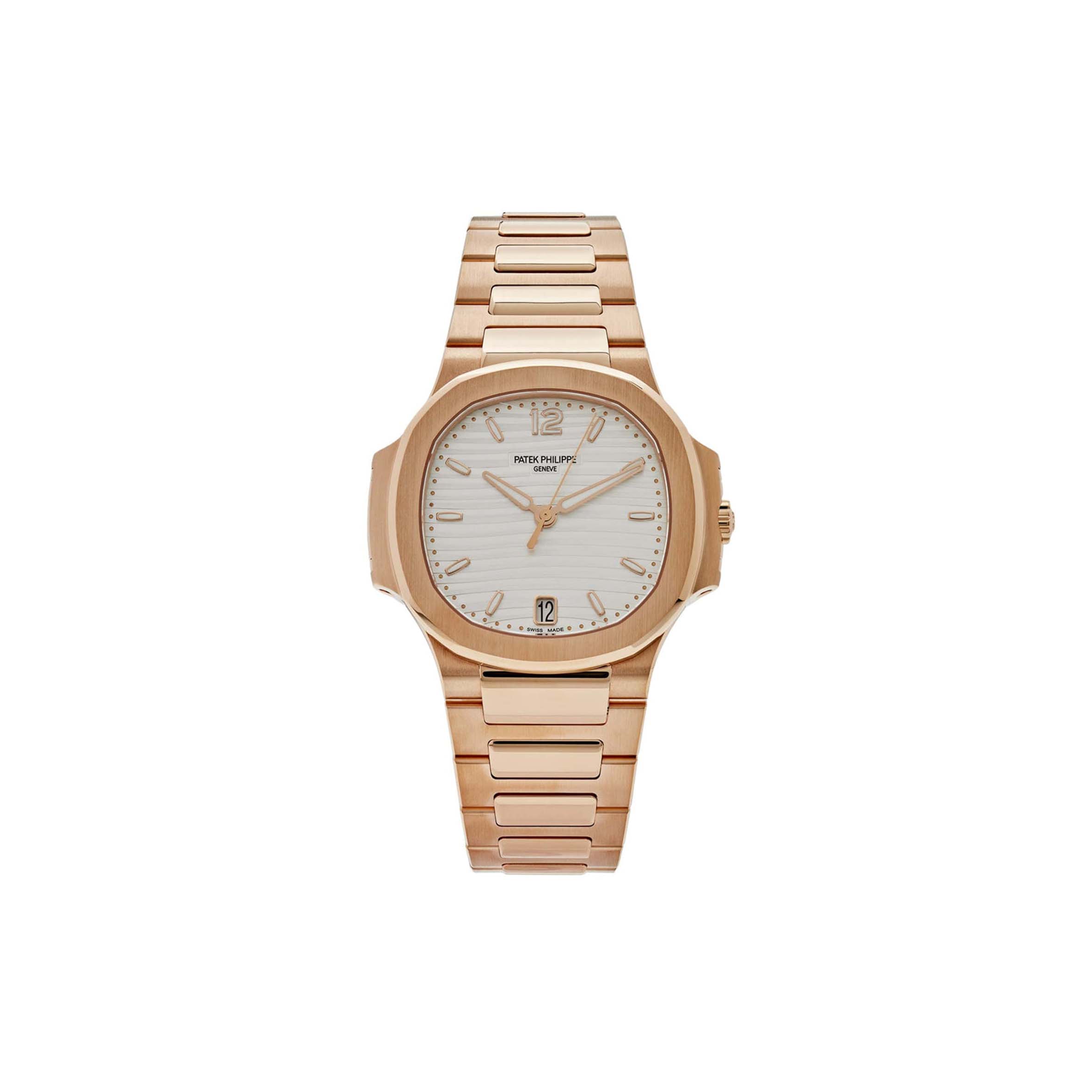 PATEK PHILIPPE NAUTILUS 'LADIES' AUTOMATIC ROSE GOLD SILVERY OPALINE DIAL WATCH 7118/1R-001